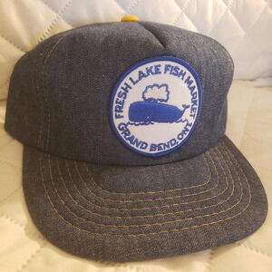 Vintage Blue  Denim Fresh Lake Fish Market Grand Bend ON Foam Inside Hat